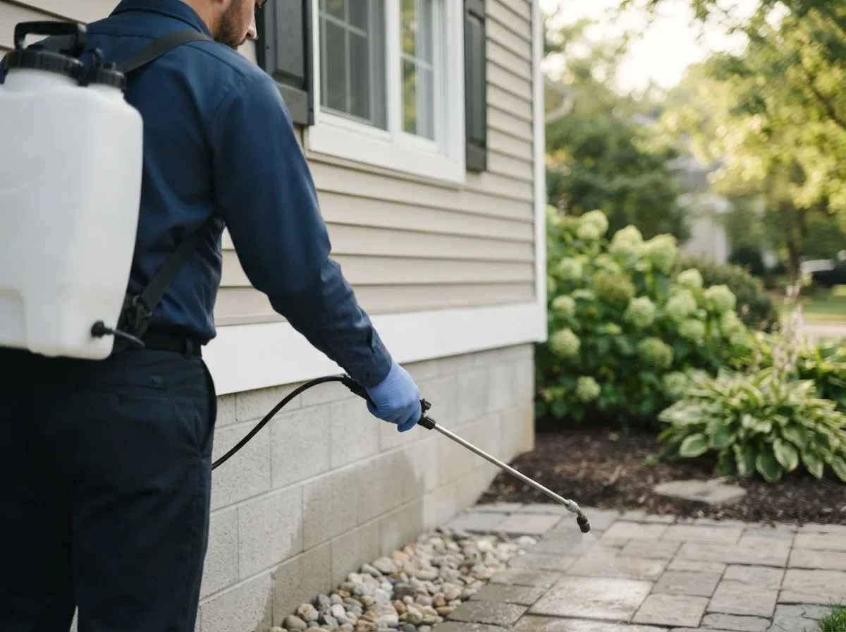Pest control technician inspecting a home in Stockton, NY